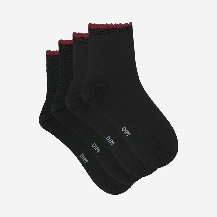 Pack de 2 pares de calcetines tobilleros de mujer Negro y Burdeos Algodón Mercerizado, , DIM