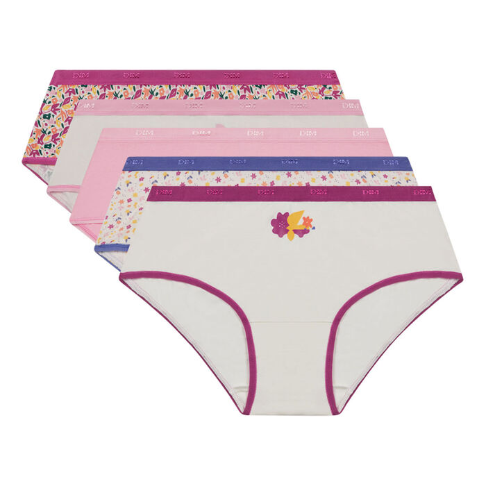 Pack de 5 culotte de mujer algodón elástico Fucsia con estampado floral les Pockets, , DIM