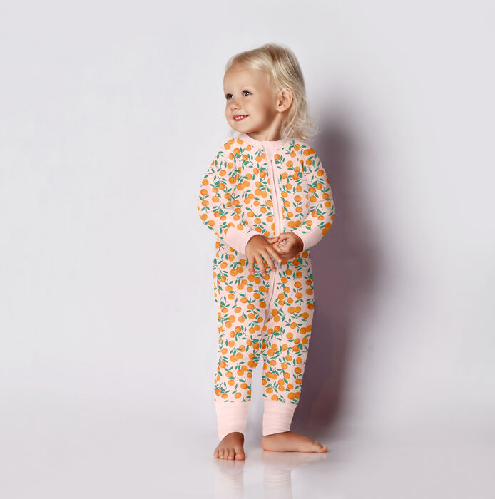 Pijama de bebé con cremallera de algodón elástico y estampado de mandarinas beige Dim ZIPPY ®, , DIM