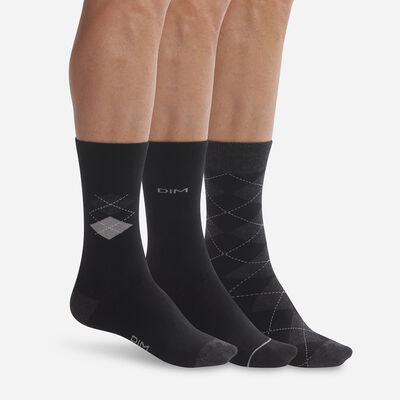Pack de 3 pares de calcetines negros a cuadros para hombre Dim Coton Style, , DIM