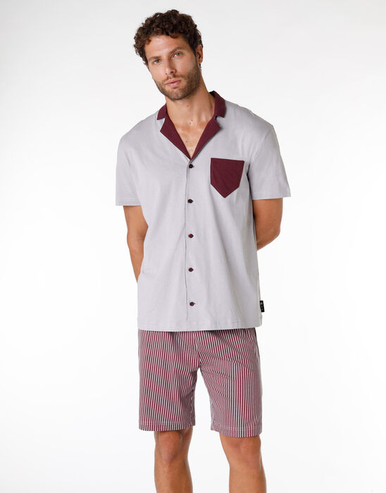 Pijama corto de hombre 100 % algodón, gris y burdeos, , DIM