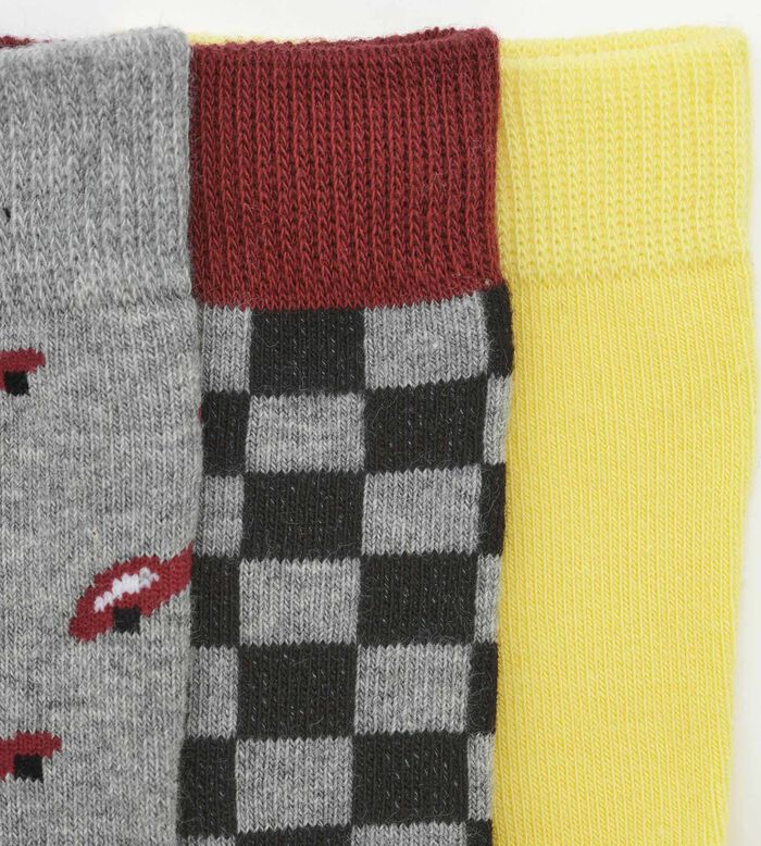 Pack de 3 pares de calcetines infantiles de cuadros Gris Amarillo Coton Style, , DIM
