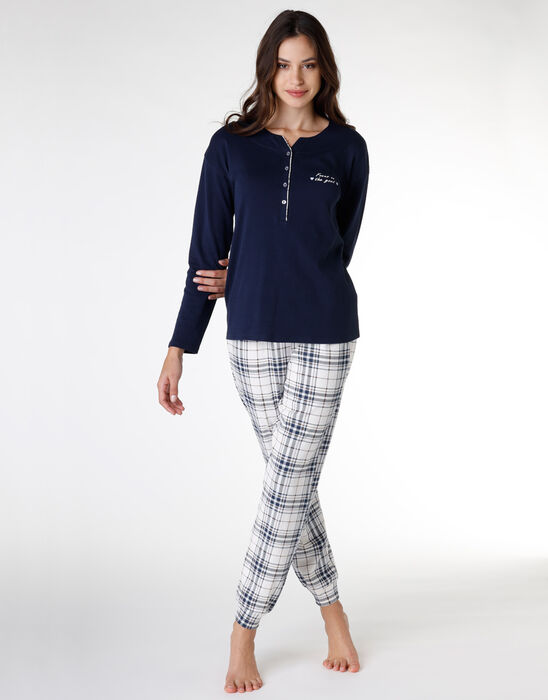 Pijama de mujer largo serafino interlock 100% algodón, azul, , DIM
