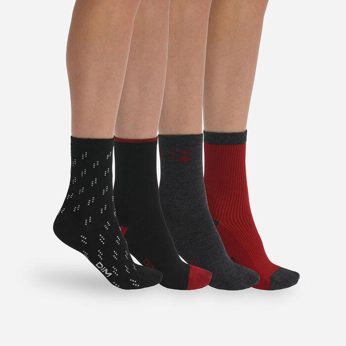 Pack de 4 pares de calcetines de mujer de algodón Negro y Granate Dim, , DIM