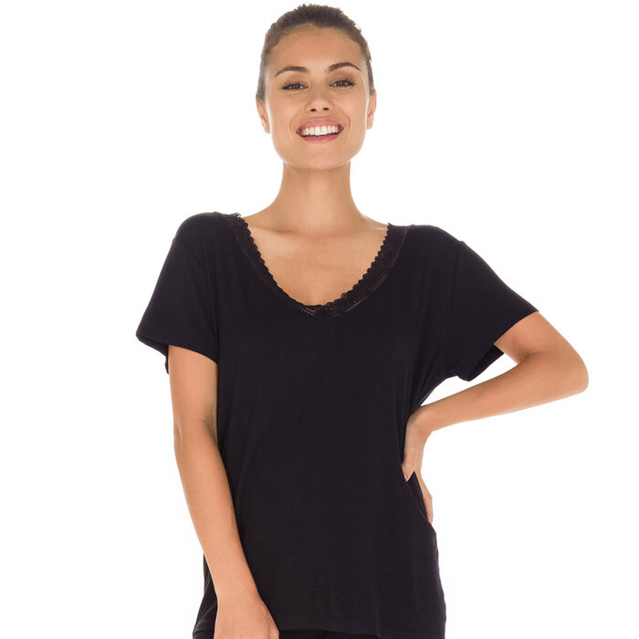 T-shirt manches courtes noir avec dentelle Femme-DIM