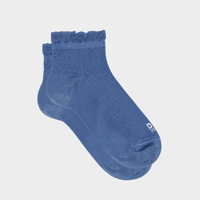 Calcetines bajos para mujer hilo de Escocia con un volante en el borde azul Dim Made in France, , DIM