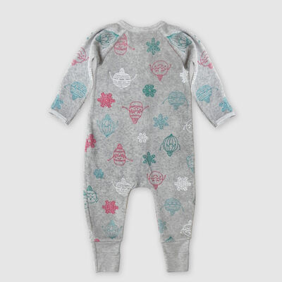 Pijama de terciopelo con cremallera en dos sentidos para bebés con estampado de copos de nieve gris Dim baby, , DIM