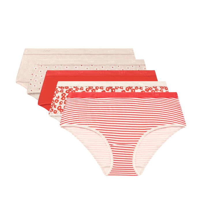 Pack de 5 culottes de mujer en algodón elástico con flores Rojo Les Pockets, , DIM