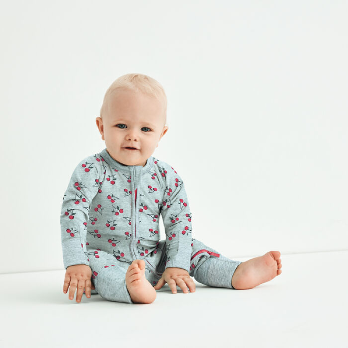 Pijama para bebé con cremallera de algodón elástico gris estampado cereza Dim Baby, , DIM