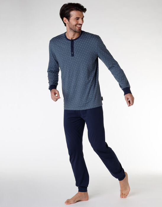 Pijama largo 100% algodón, azul marino estampado, , DIM
