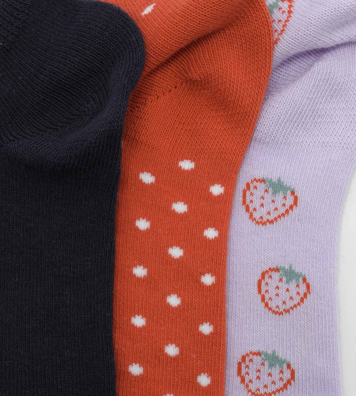 Pack de 3 pares de calcetines infantiles bajos con estampado de fresas Coton Style, , DIM
