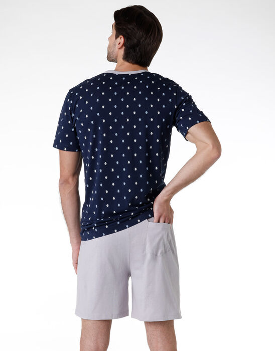 Pijama corto de hombre 100% algodón, estampado azul marino, , DIM