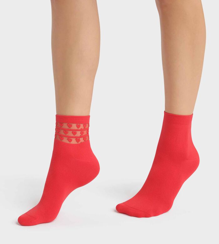 Pack de 2 pares de calcetines de mujer de microfibra rojos con corazones Dim Skin, , DIM