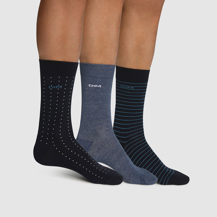 Pack de 3 pares de calcetines de algodón para hombre de rayas y lunares azul Coton Style, , DIM