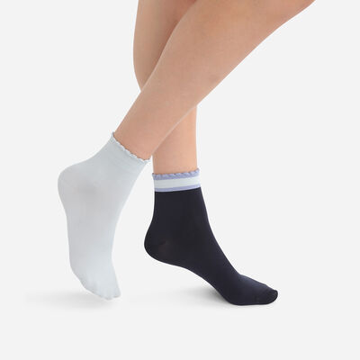 Pack de 2 pares de calcetines de mujer con borde a rayas Azul Marino Dim Skin, , DIM