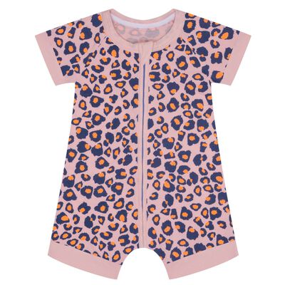 Pijama de manga corta con cremallera de algodón elástico rosa estampado leopardo, , DIM