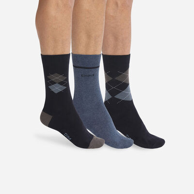 Pack de 3 pares de calcetines de hombre con estampado escocés Azul Coton Style, , DIM