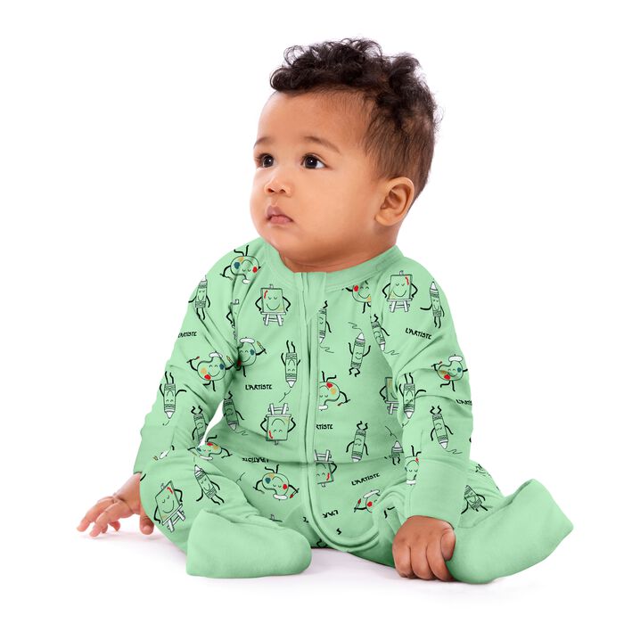 Pijama de bebé con cremallera de algodón elástico y estampado de lápices de colores verde Dim ZIPPY ®, , DIM