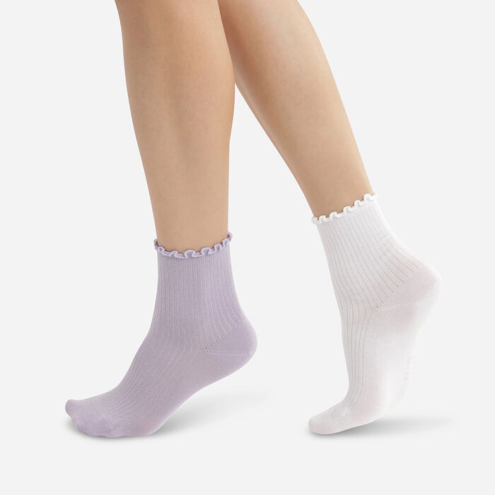 Pack de 2 pares de calcetines para mujer con volantes blanco y lavanda Dim Modal, , DIM